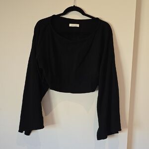 12th Tribe Black Linen Cropped Long-Sleeve Top XS